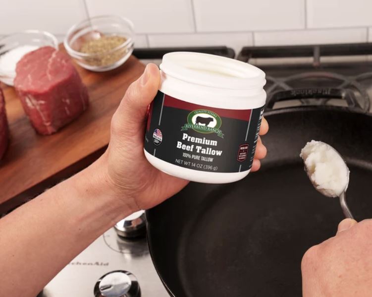 Premium beef tallow from grass-fed cattle for cooking and skincare uses