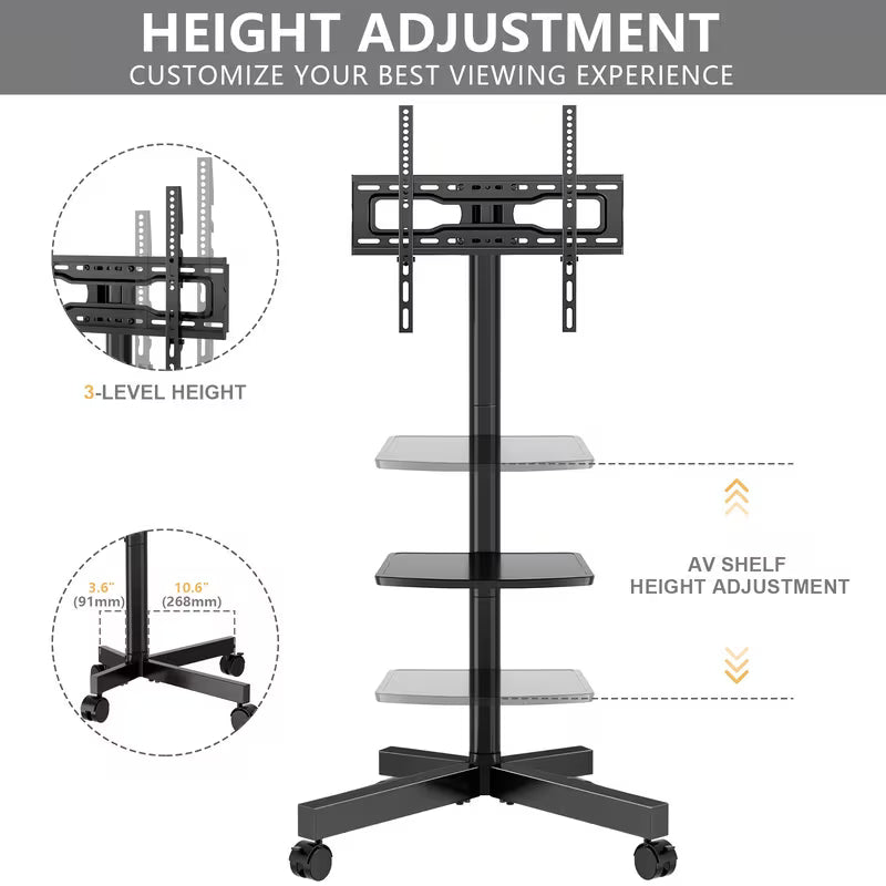 TAVR Height-Adjustable Mobile TV Cart On Wheels for 23 to 60 Inch TVs, with Shelf & 88lb Capacity, Fits VESA 400x400
