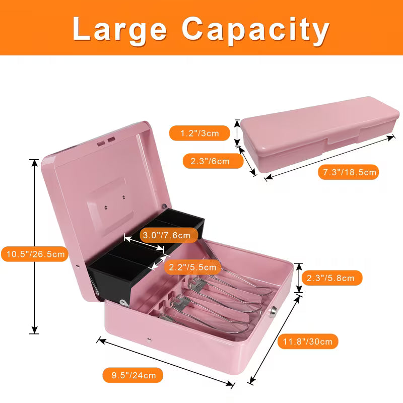 HOMEYUER Large Cash Box with Money Tray and Lock, With 6 kinds accessories, Large Money Box for Cash Register, Storage Box, Metal locking Cash box, Money box, Security box