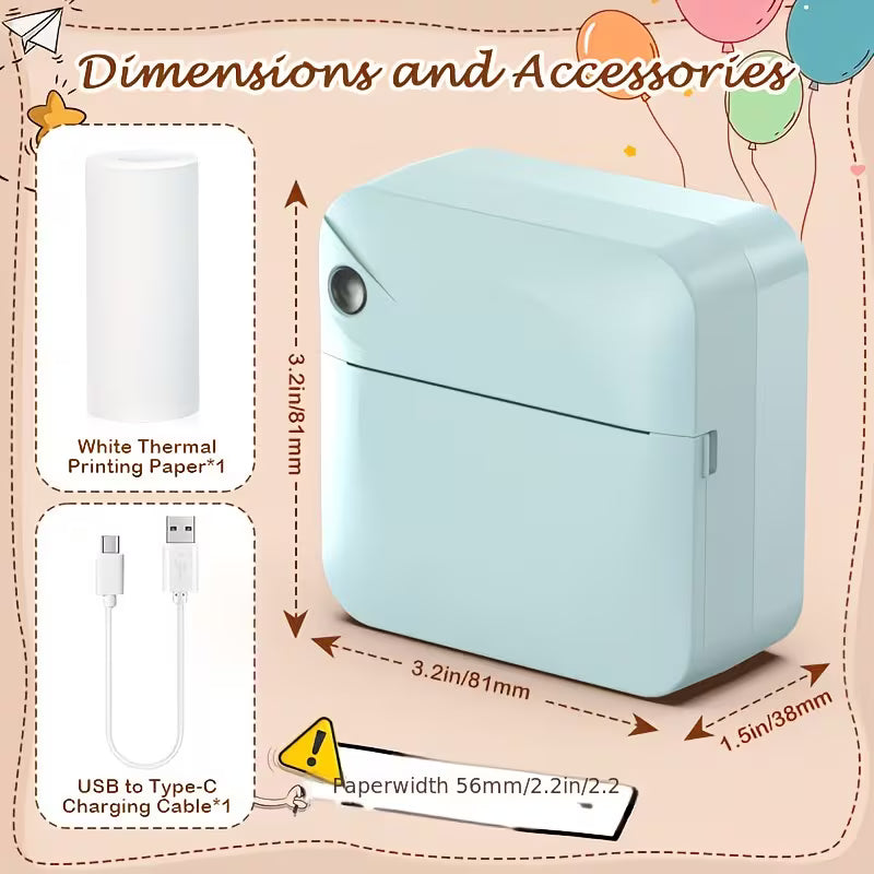 Micro Printer, Pocket Printer, Inkless Sticker Thermal Printer with 1 Roll of Thermal Paper, Wireless Portable Receipt Printer, Suitable for Photos, Diaries, Notes, and Memos