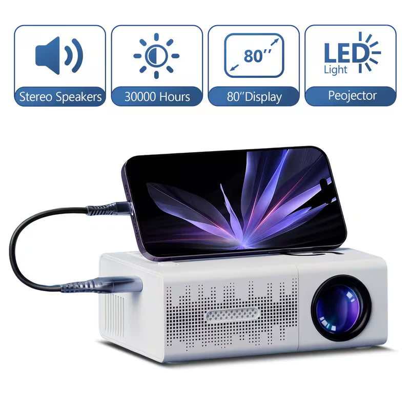 Portable Projector, USB Connection, Native 720p, Support 1080P, Equipped With Remote Control, Compatible With Smartphones, Tablets, Laptops And LCD Screens