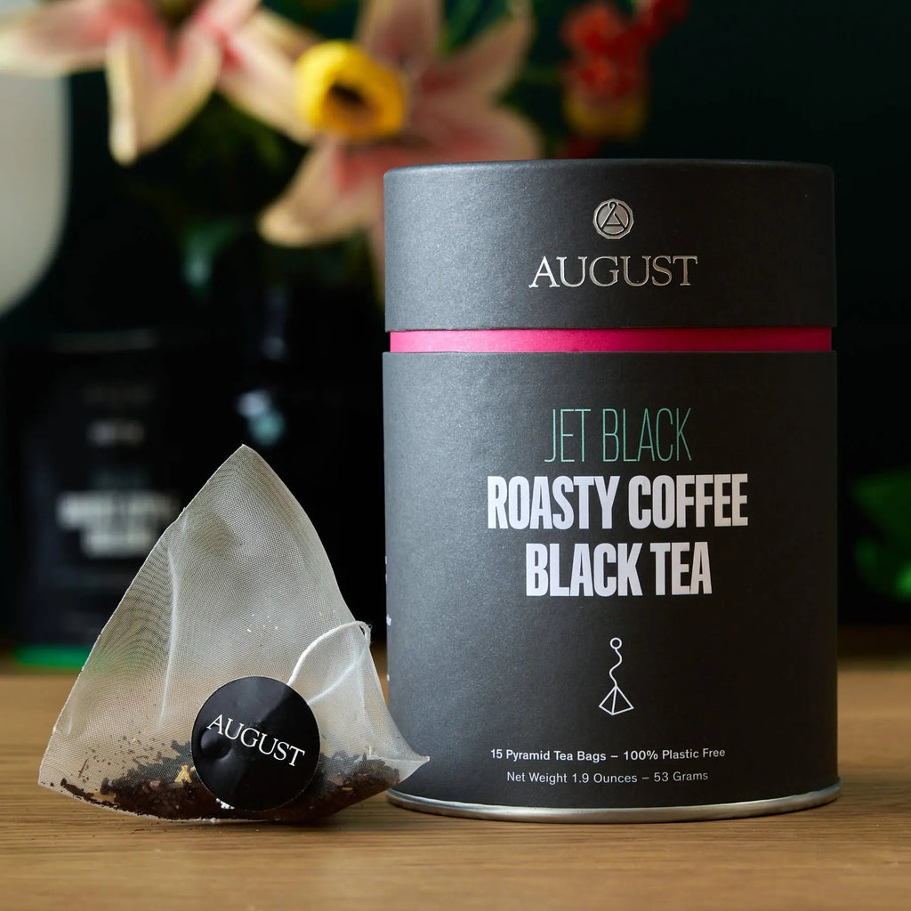 Jet Black Roasty Coffee Black Tea 15 tea bags packaging with espresso and hazelnut flavors