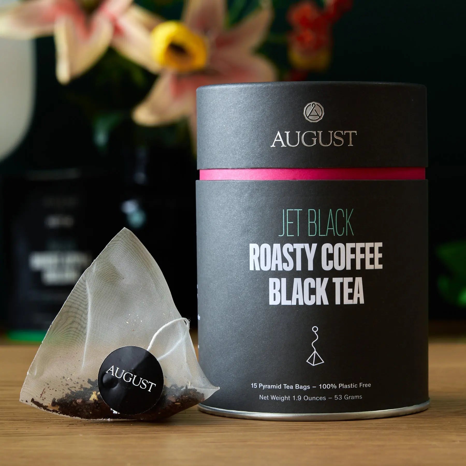 Jet Black Roasty Coffee Black Tea 15 tea bags packaging with espresso and hazelnut flavors