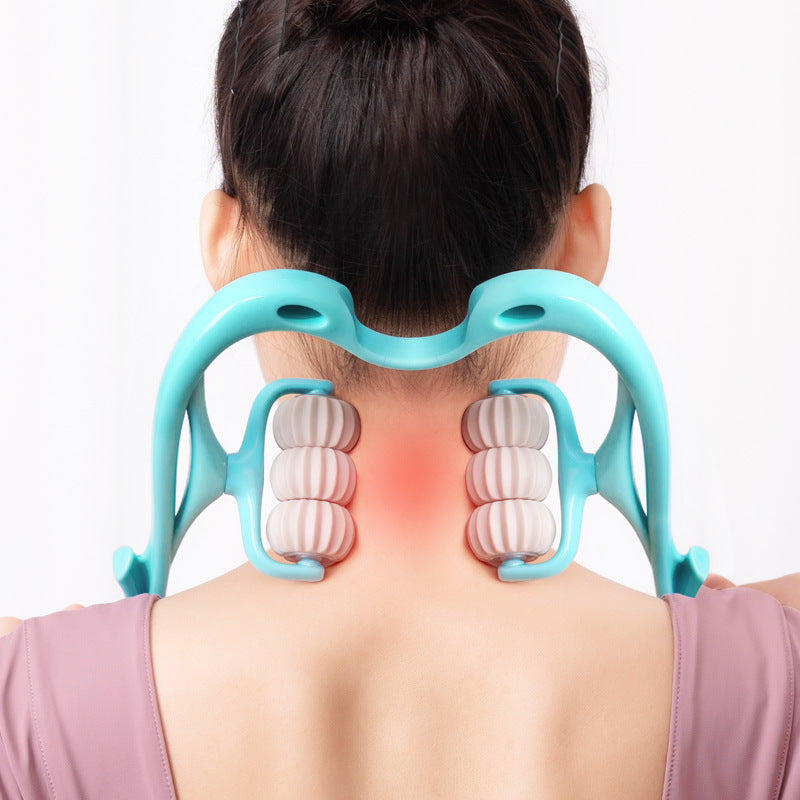 6-Roller Cervical Massager with six rotating balls and ergonomic swan design in pink and blue colors for neck and muscle relief
