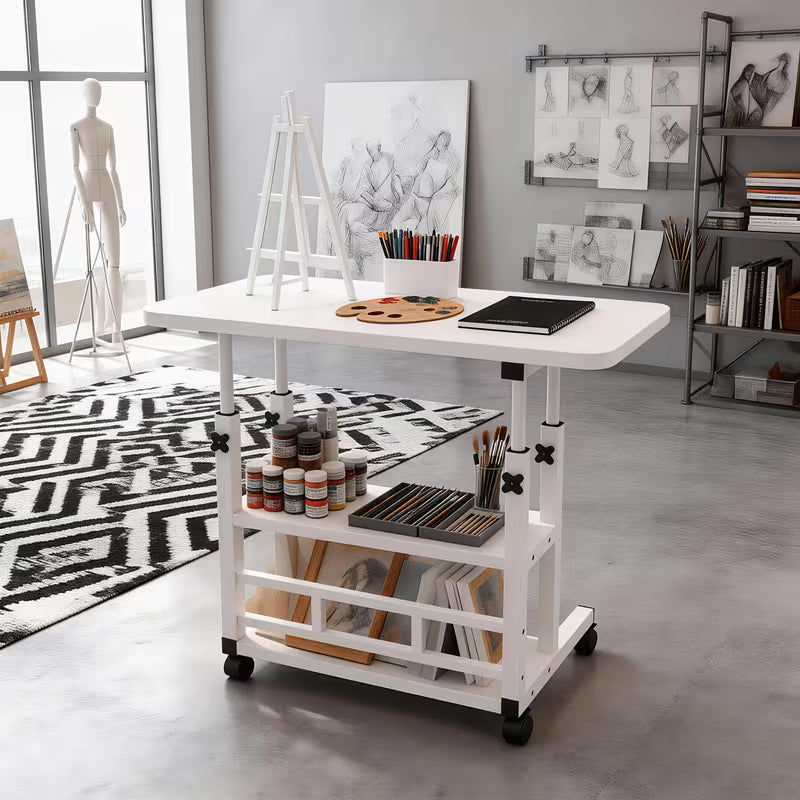 Portable Compact Computer Desk Cart, Small Space Workstation Writing Table Printer Stand, with Wheels, Mobile Office Desk, Portable Small Computer Table, Study Desk, Adjustable Height Standing Desk, Multifunctional, Suitable for Bedside, Sofa Side