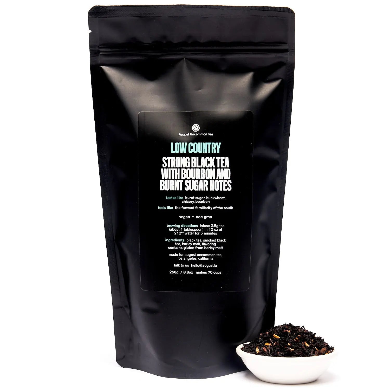 Low Country Bourbon Sugar Black Tea with burnt sugar, buckwheat, and bourbon notes in a rustic cup