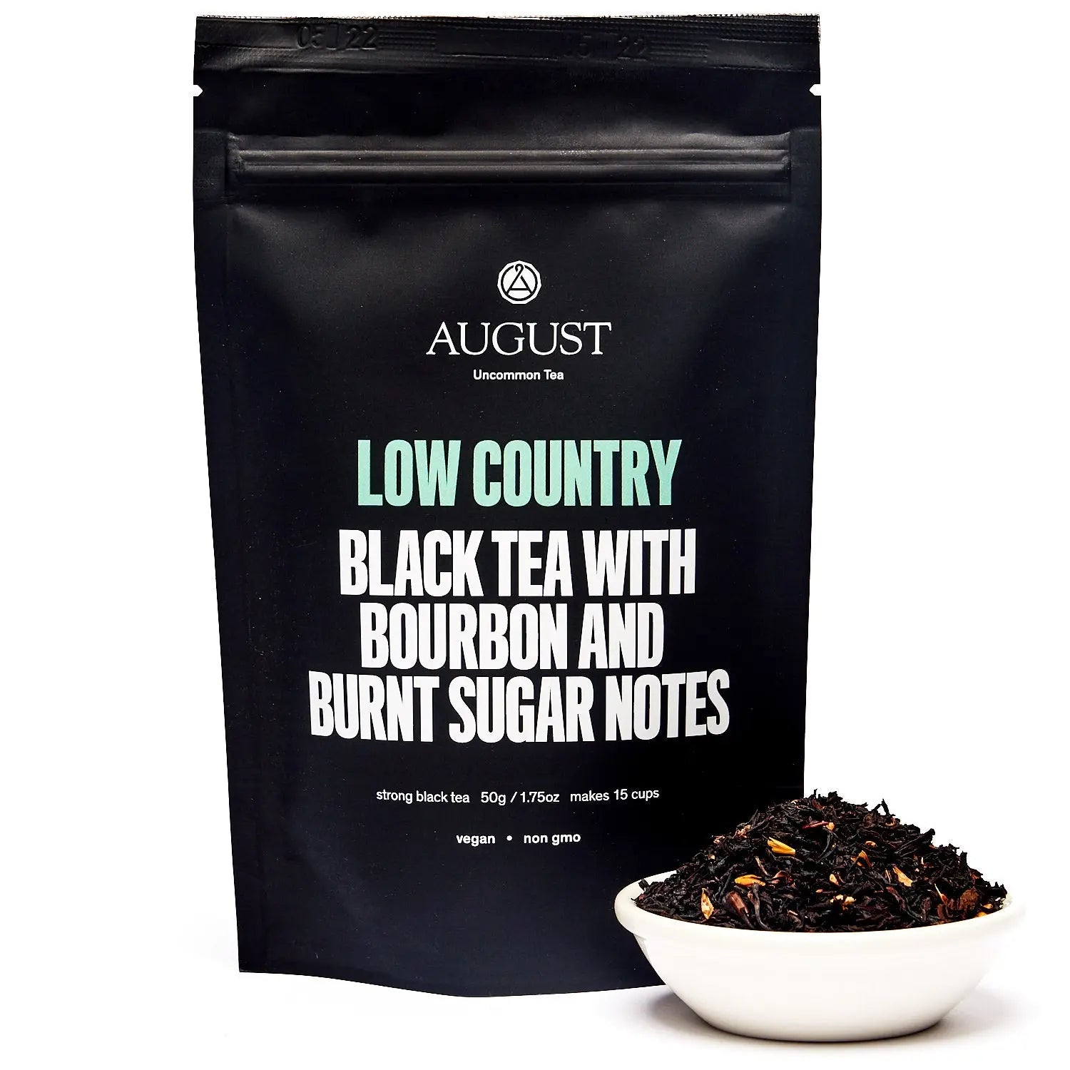 Low Country Bourbon Sugar Black Tea with rich burnt sugar, buckwheat, and bourbon flavors in a vegan, non-GMO blend