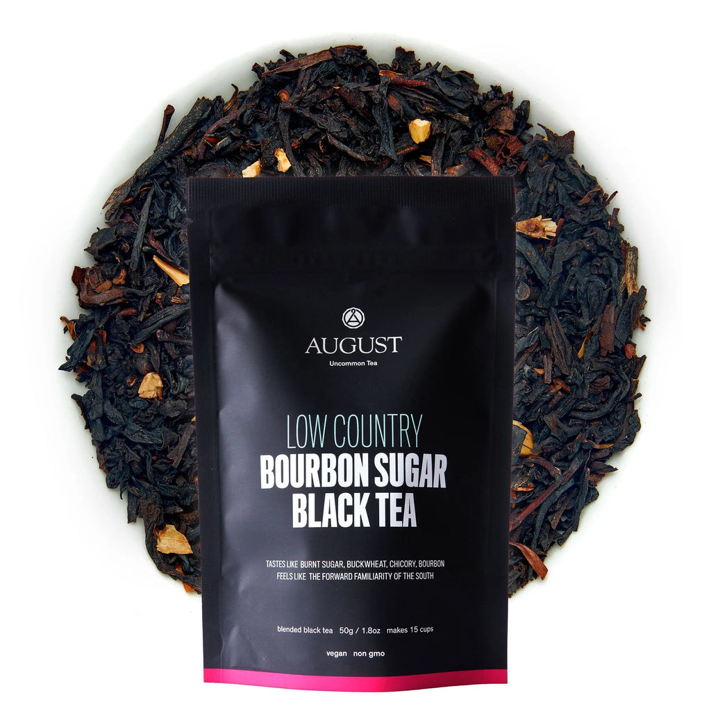 Low Country Bourbon Sugar Black Tea with burnt sugar and bourbon flavors in a southern-style cup
