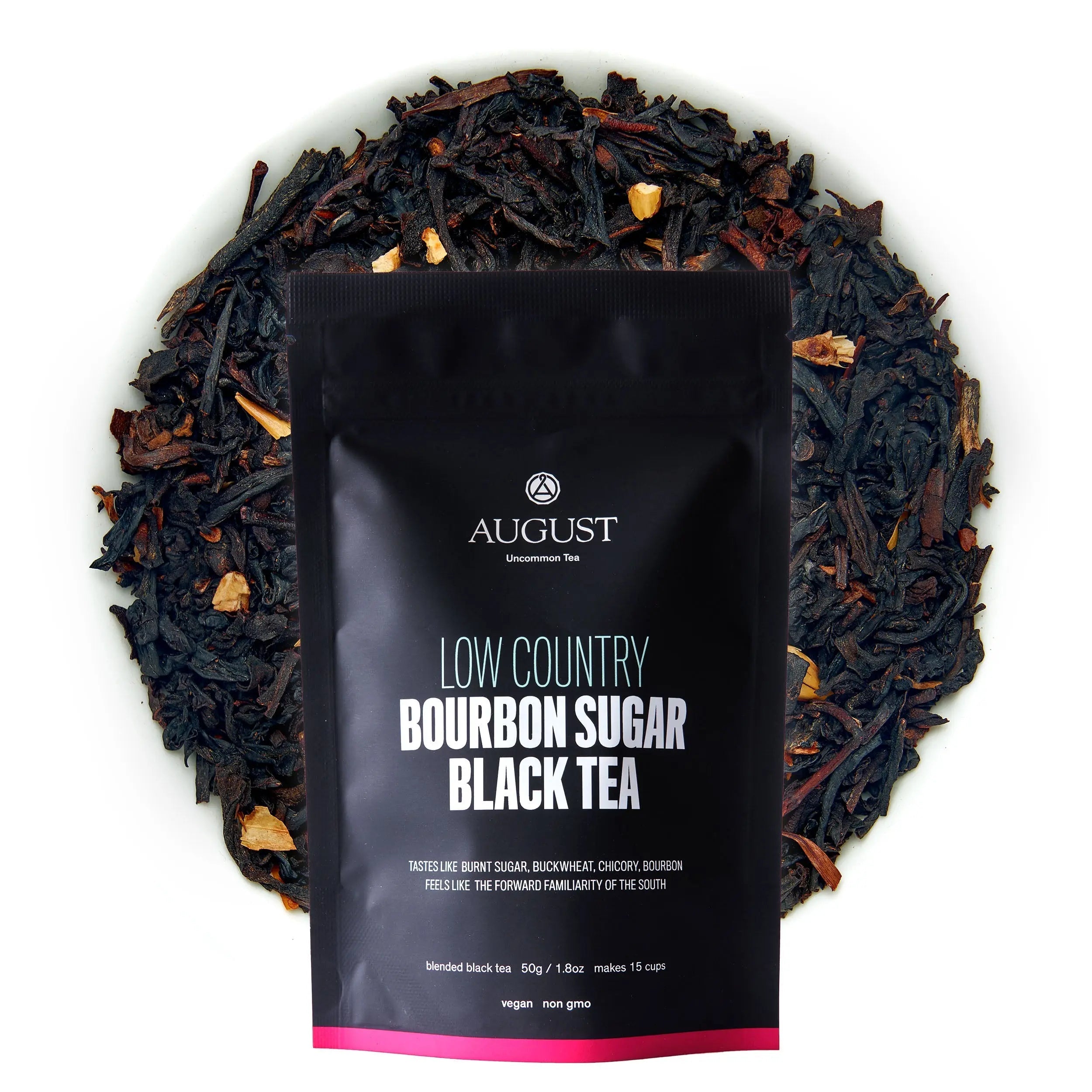 Low Country Bourbon Sugar Black Tea with burnt sugar and bourbon flavors in a southern-style cup