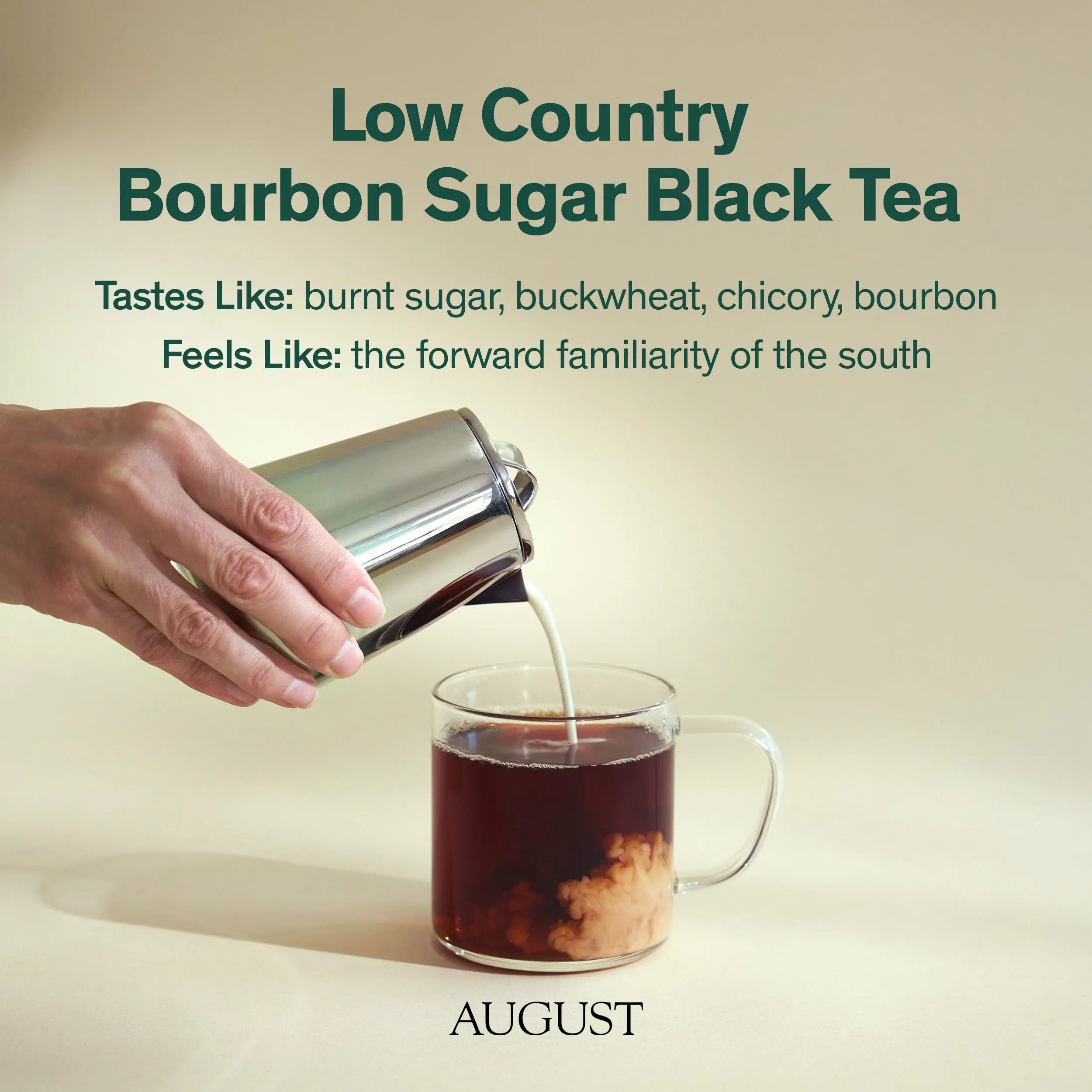 Low Country Bourbon Sugar Black Tea with burnt sugar, buckwheat, and bourbon notes in a Southern-style brew