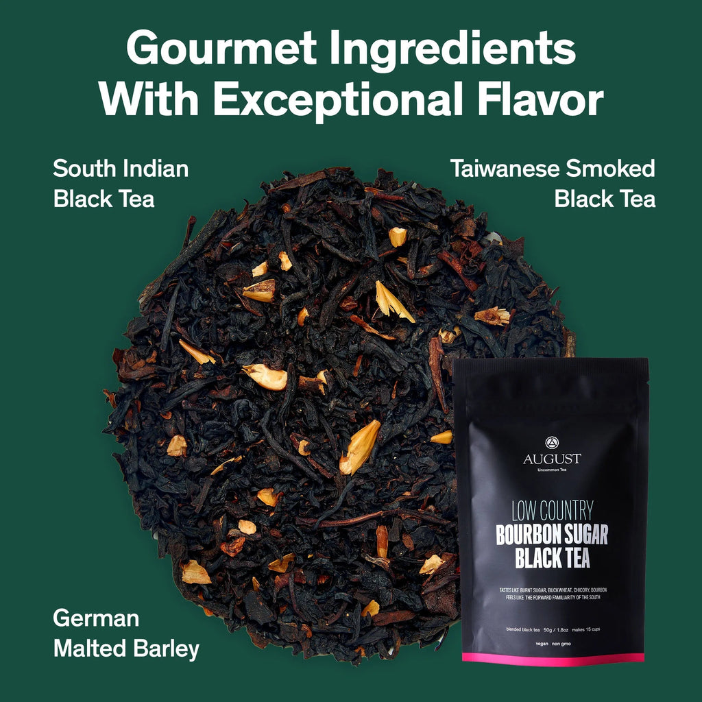 Low Country Bourbon Sugar Black Tea with burnt sugar and bourbon flavor in tea bag packaging