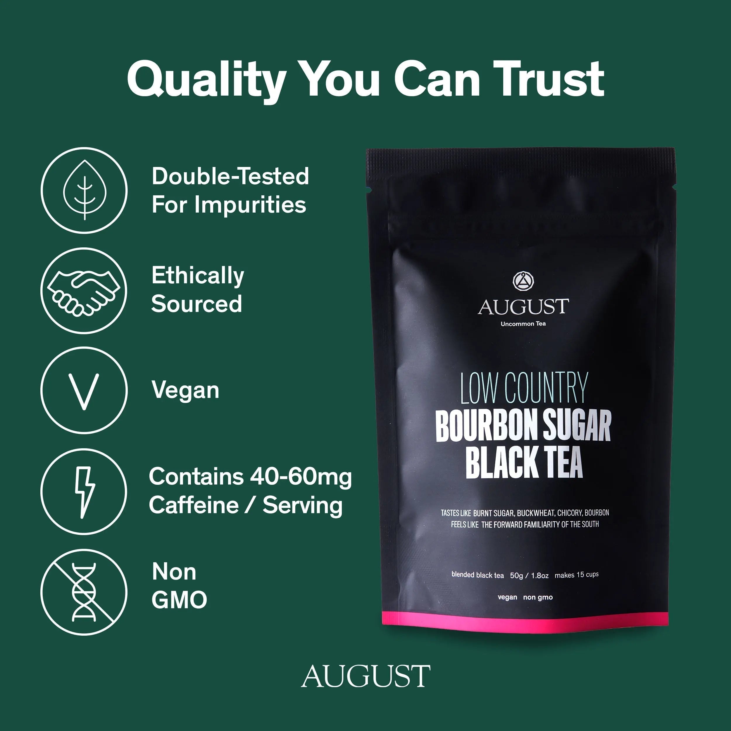 Low Country Bourbon Sugar Black Tea with burnt sugar and buckwheat flavors in tea bag packaging