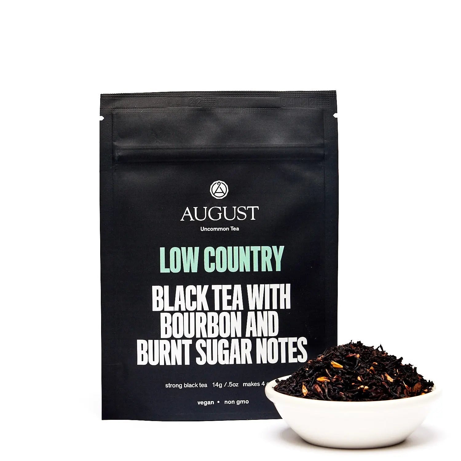 Low Country Bourbon Sugar Black Tea with burnt sugar and bourbon notes in a tea cup
