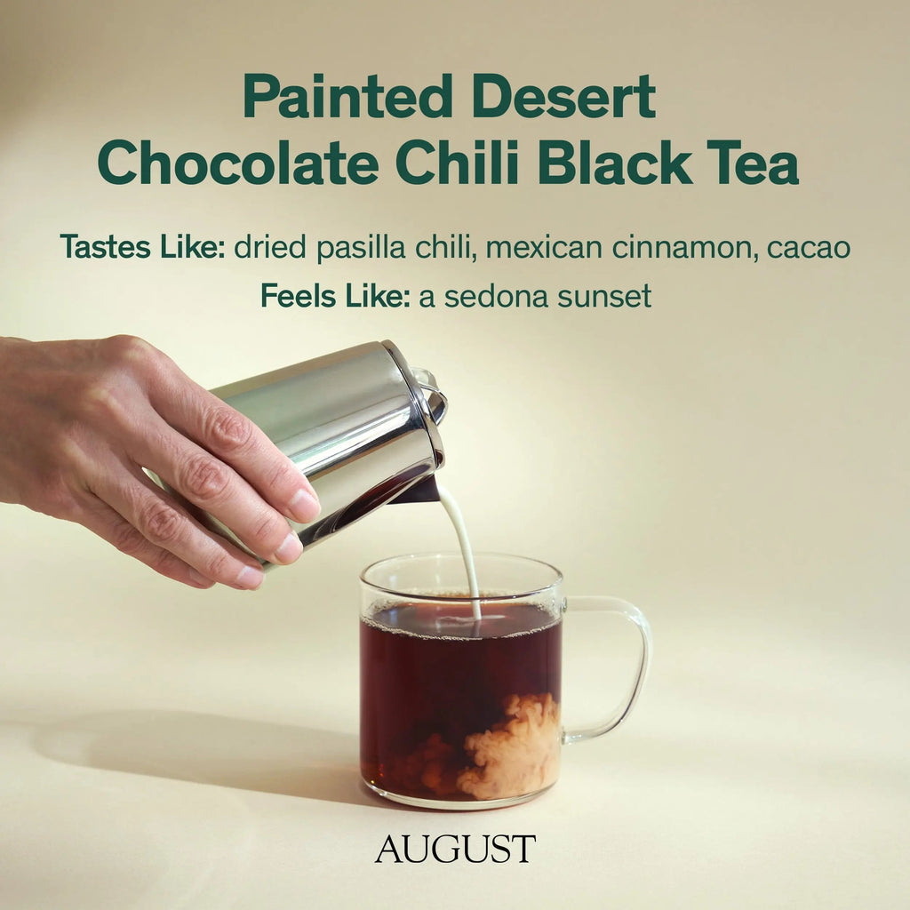 Cup of Painted Desert - Chocolate Chili Black Tea with cinnamon and cacao ingredients