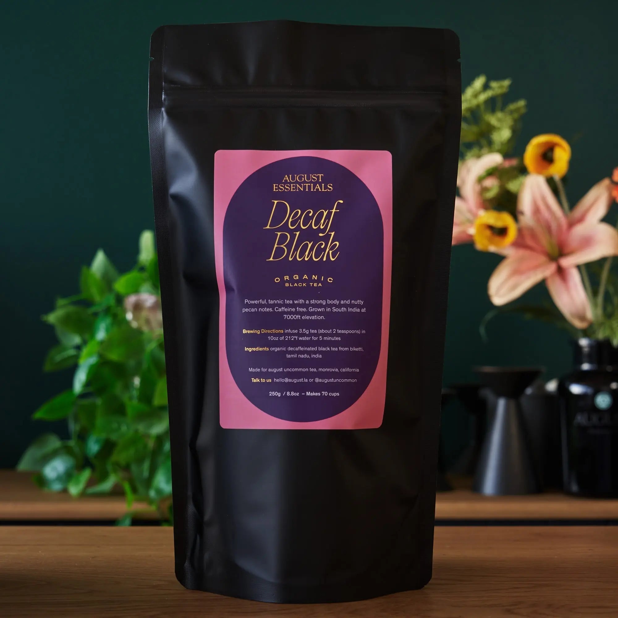 Essentials Decaf Black organic black tea packaging with nutty pecan notes and South India origin