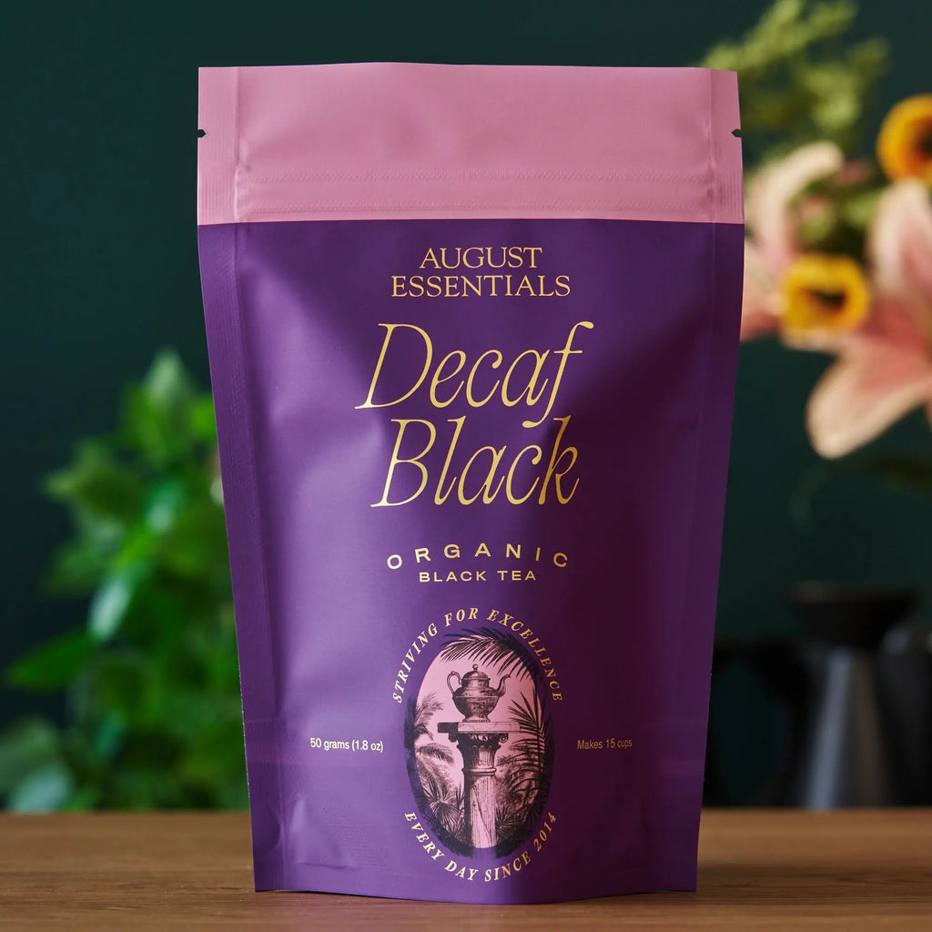 Essentials Decaf Black organic black tea packaging with notes of pecan and strong body