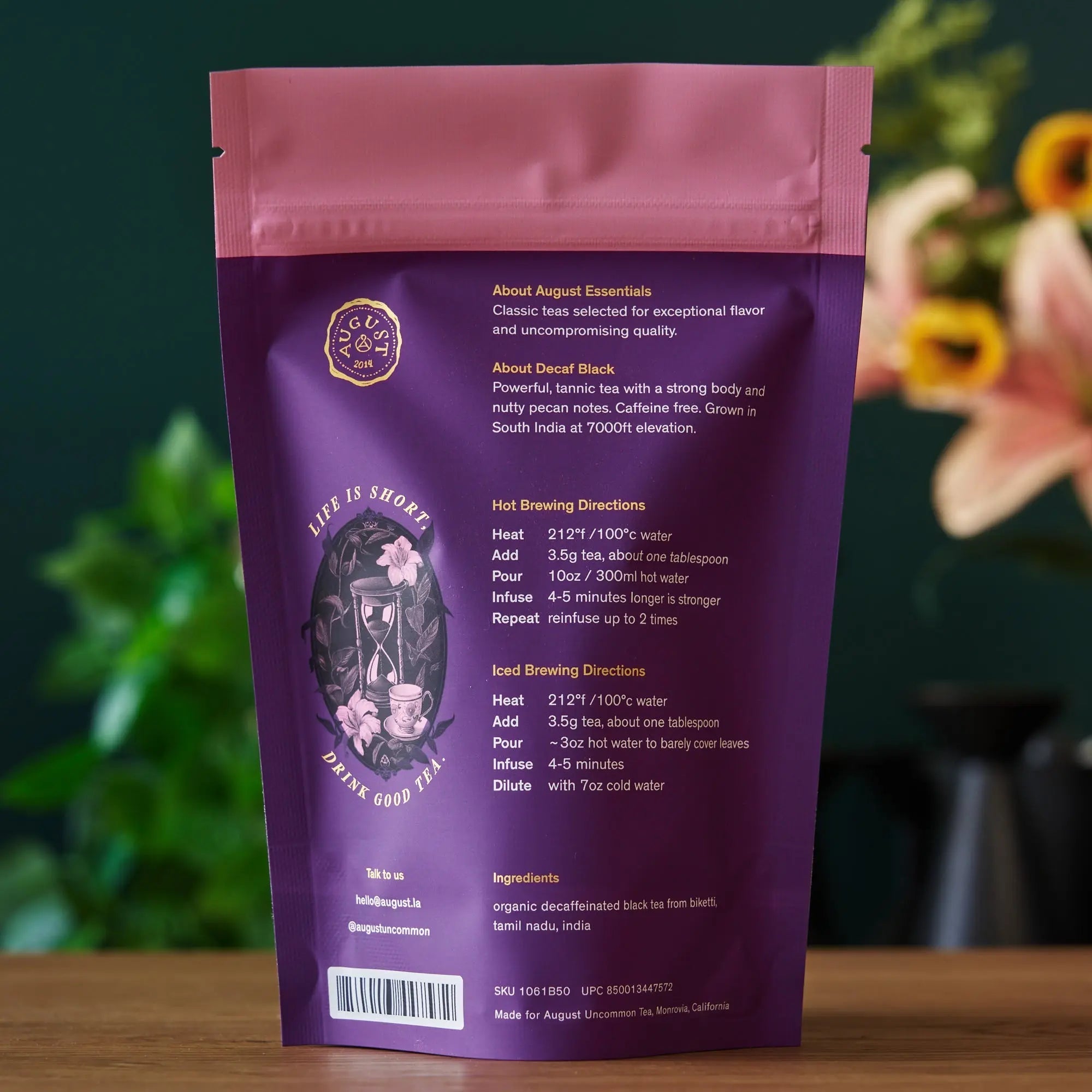 Essentials Decaf Black organic black tea packaging with pecan notes and south India origin