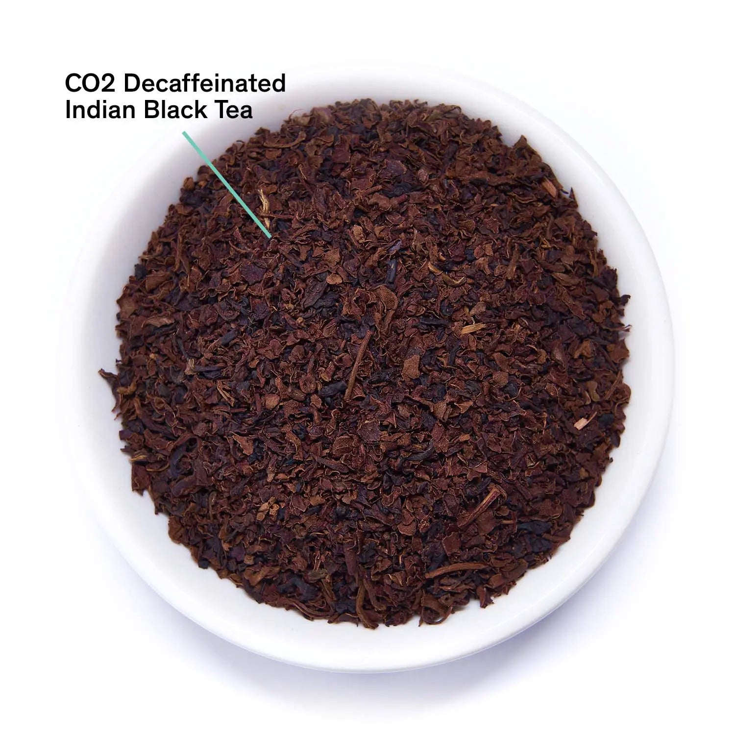 Essentials Decaf Black tea packaging with description of organic decaf black tea from South India
