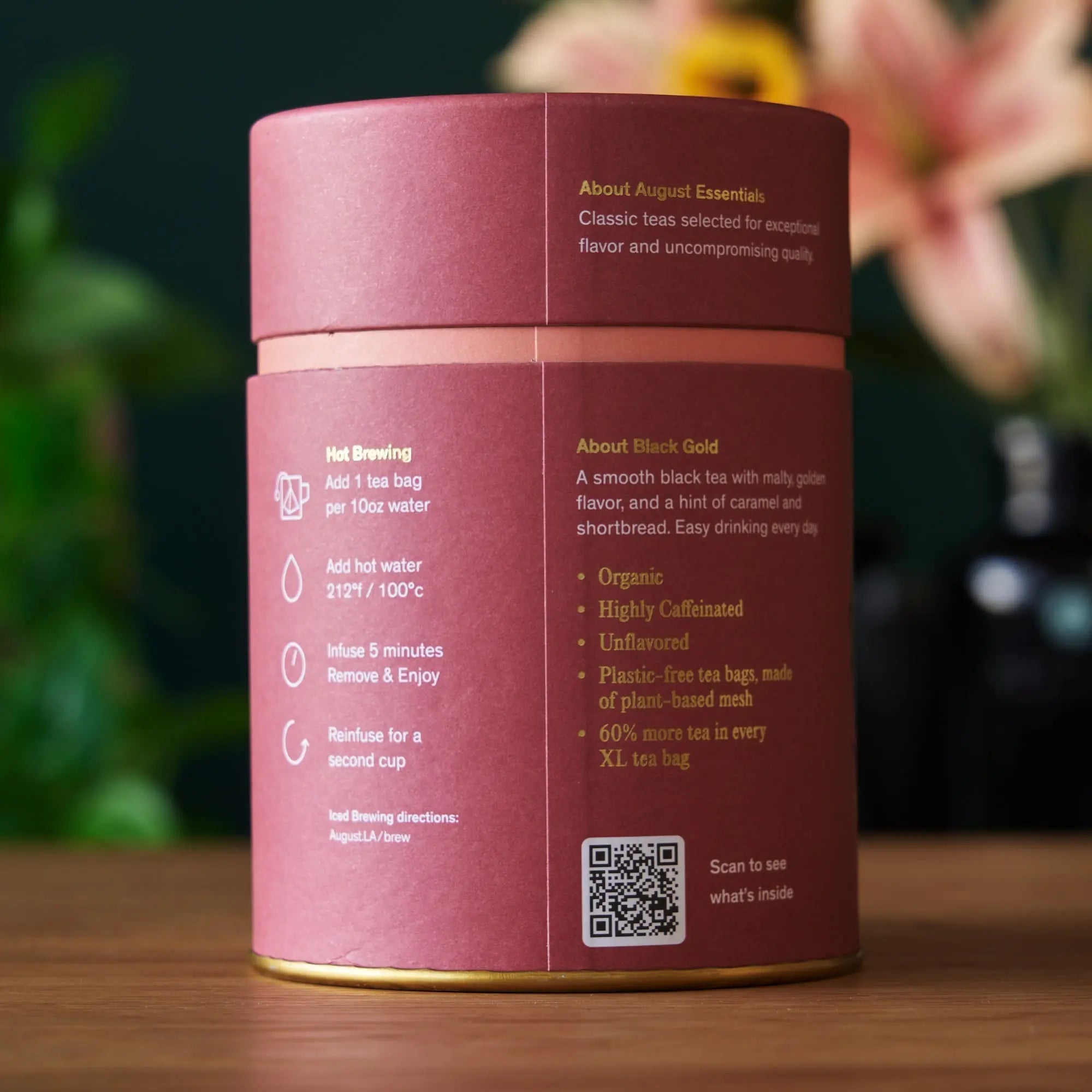 Essentials Black Gold Black Tea box with 15 tea bags featuring organic Yunnan black tea