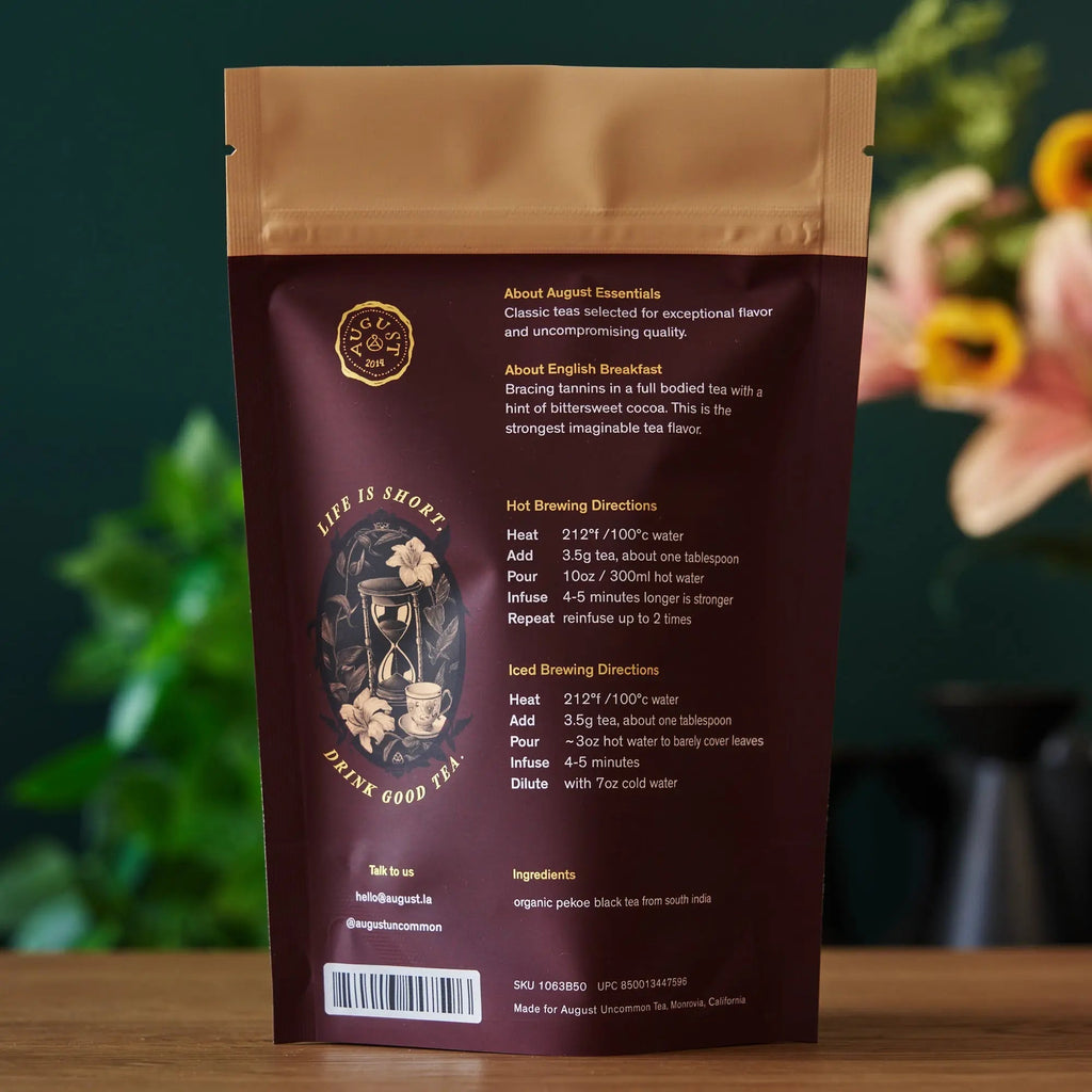 Essentials English Breakfast black tea box with organic South Indian tea bags and rich cocoa flavor description