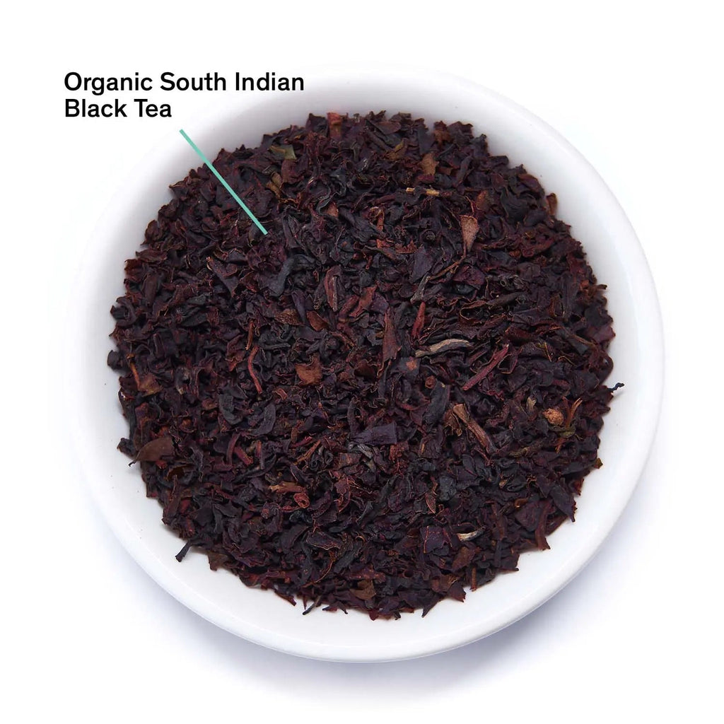 Essentials English Breakfast black tea with strong tannins and bittersweet cocoa flavor in organic South Indian tea bags