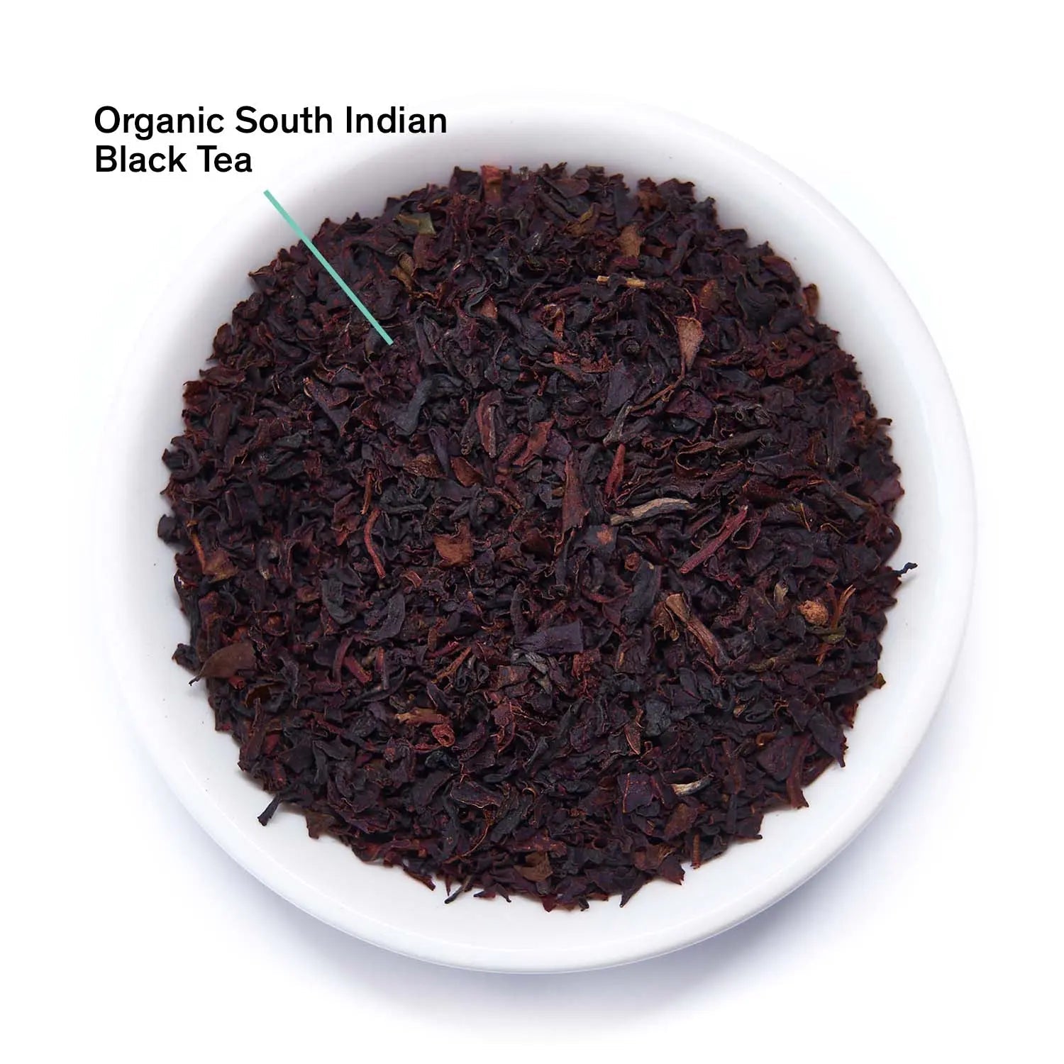 Essentials English Breakfast black tea with strong tannins and bittersweet cocoa flavor in organic South Indian tea bags