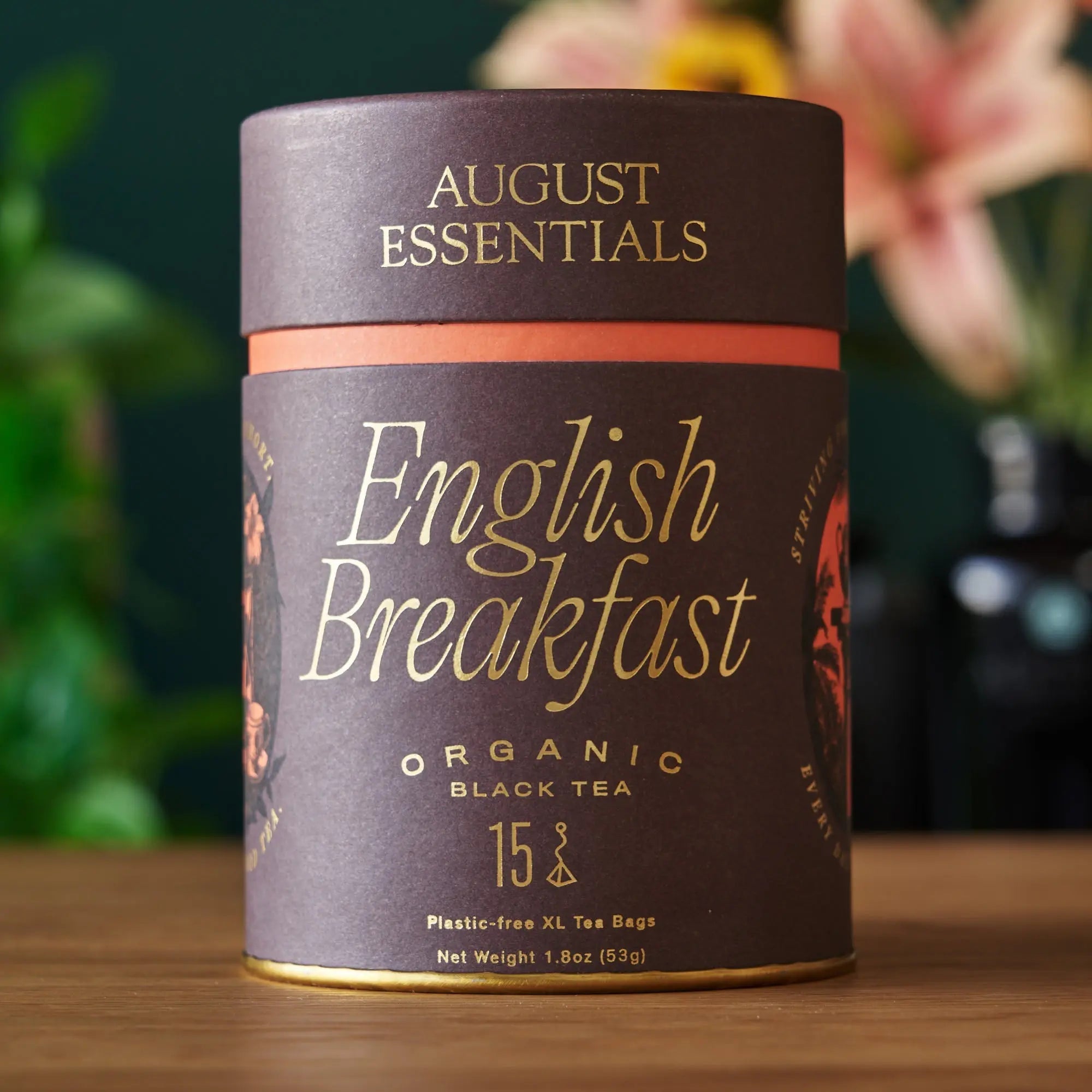 Essentials English Breakfast Black Tea box with 15 tea bags, featuring organic South Indian black tea and strong full-bodied flavor with bittersweet cocoa notes