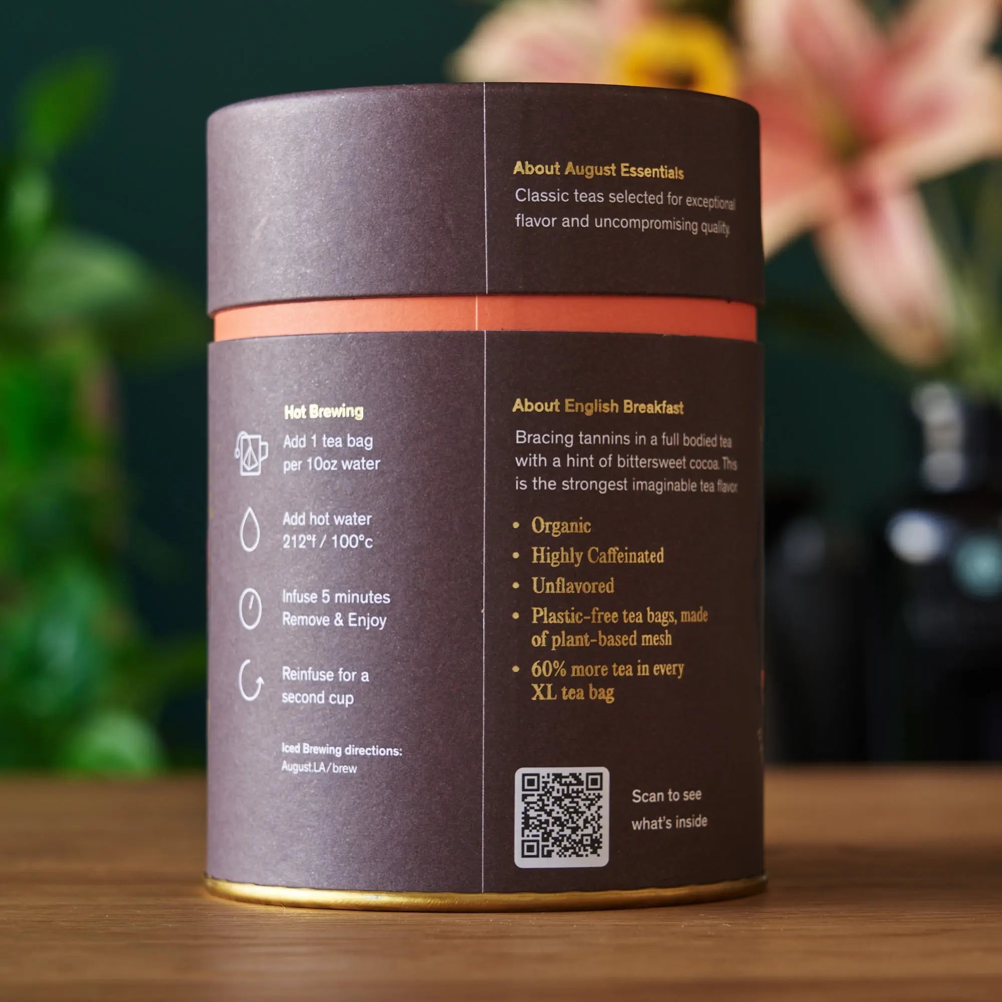 Essentials English Breakfast Black Tea box with 15 organic South Indian tea bags highlighting full-bodied, strong tea flavor with bittersweet cocoa notes
