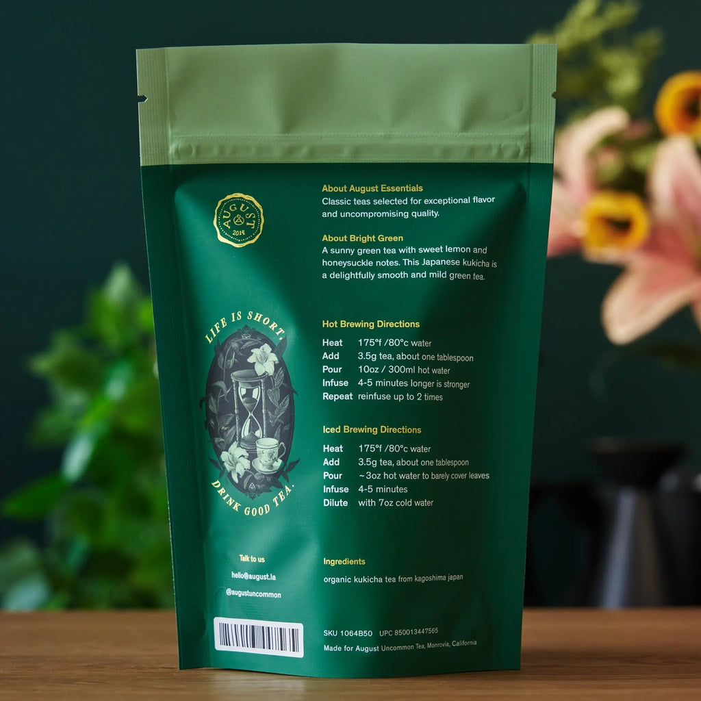 Essentials Bright Green Green Tea organic kukicha with lemon and honeysuckle notes from Japan