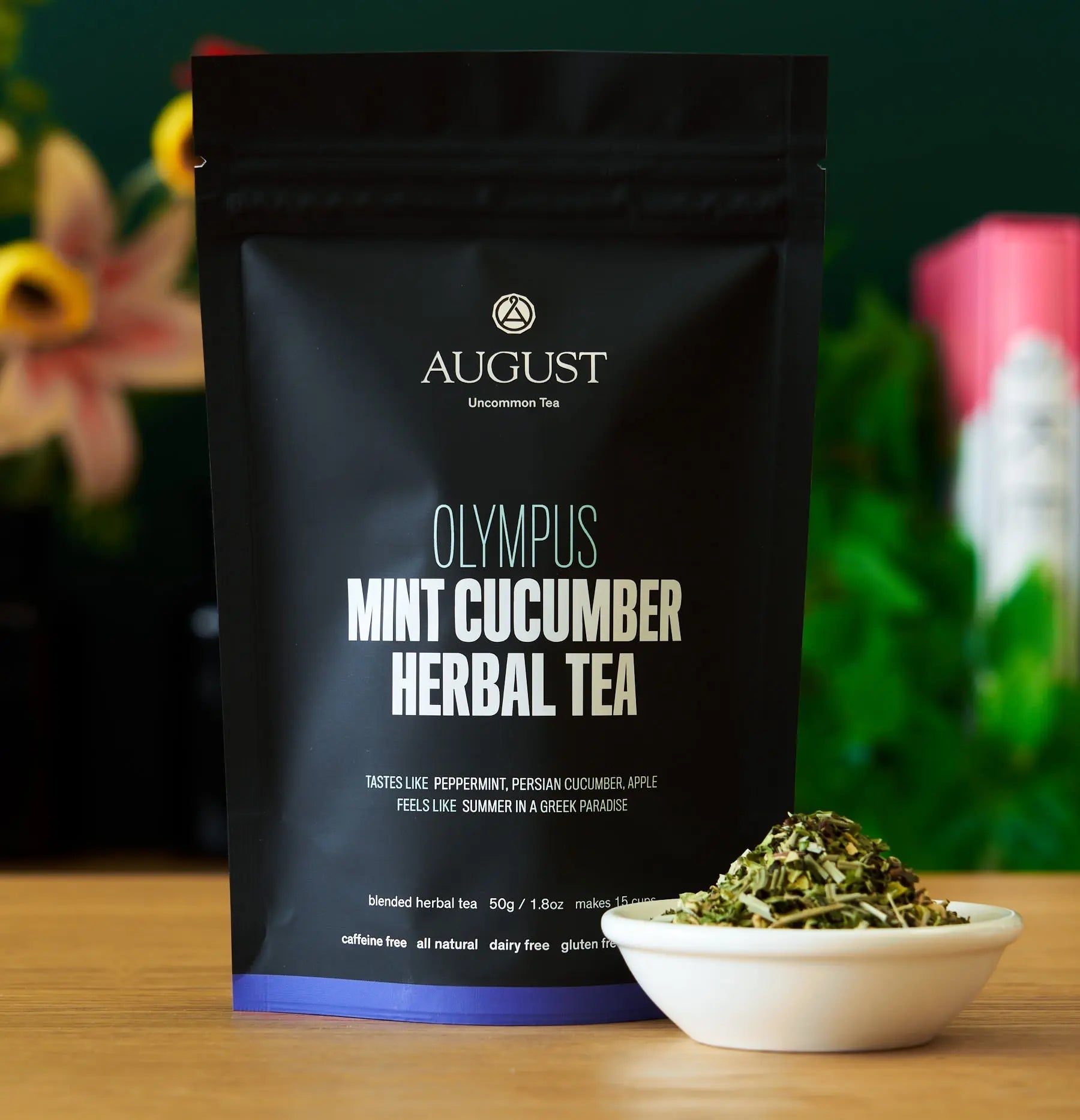 Olympus - Mint Cucumber Herbal Tea cup with fresh cucumber and peppermint leaves, caffeine-free herbal drink