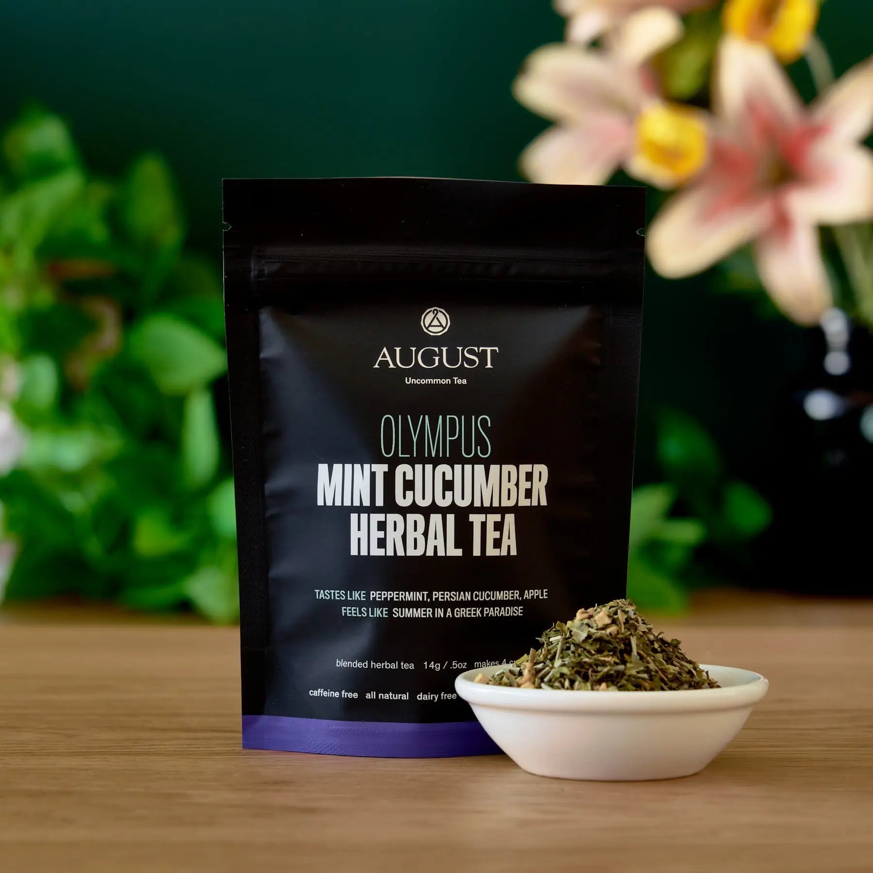 Olympus Mint Cucumber Herbal Tea cup with cucumber and herbs, caffeine free and all natural blend