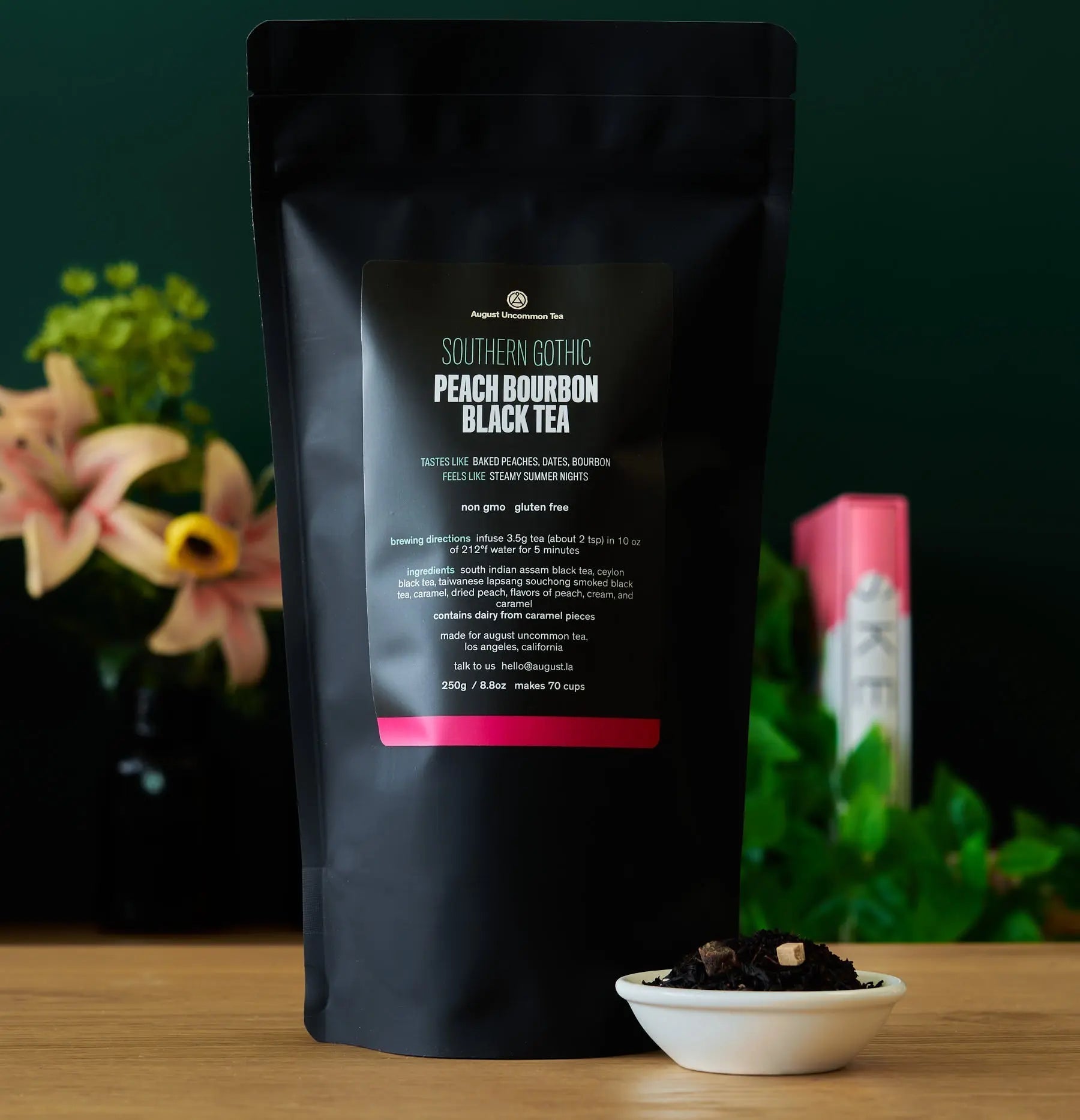 Southern Gothic Peach Bourbon Black Tea with caramel and baked peach flavors in a glass