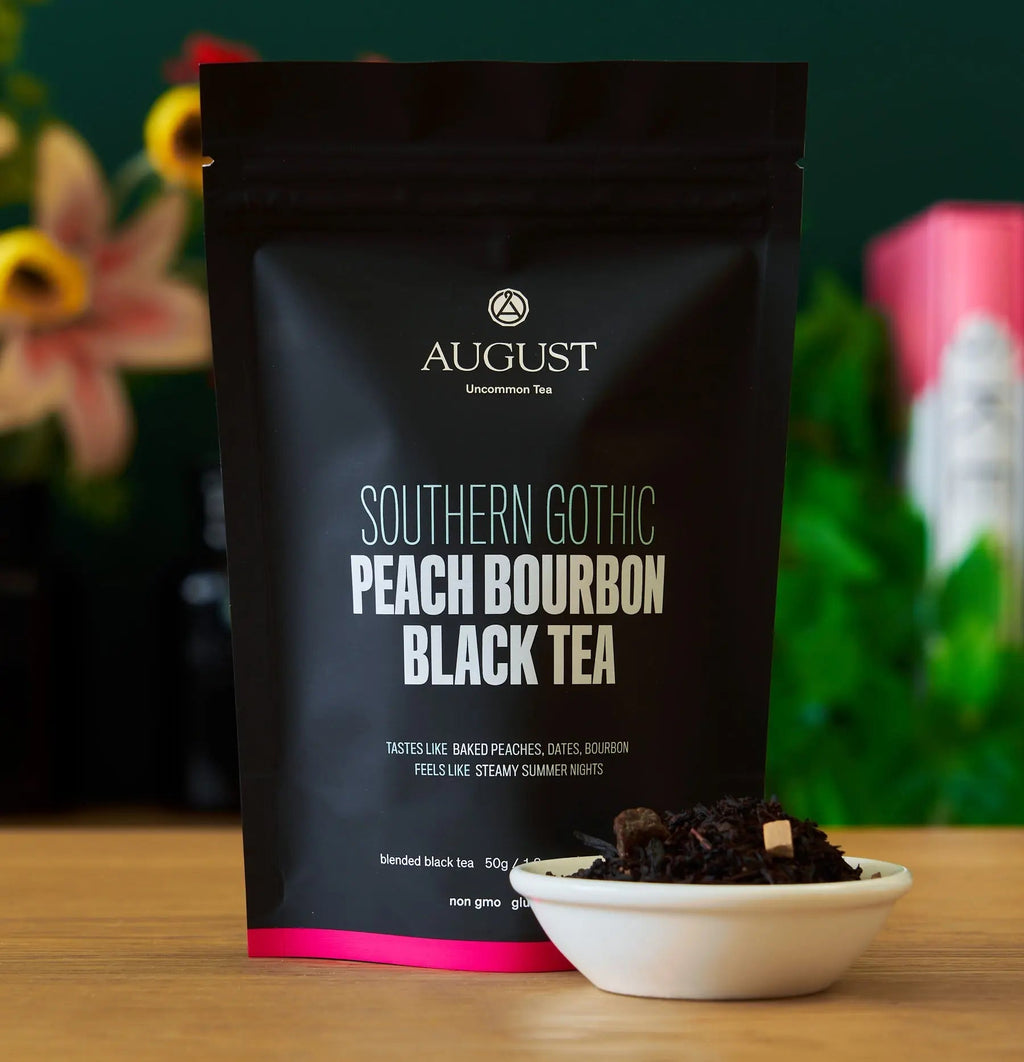 Southern Gothic Peach Bourbon Black Tea with caramel and peach flavors in a glass