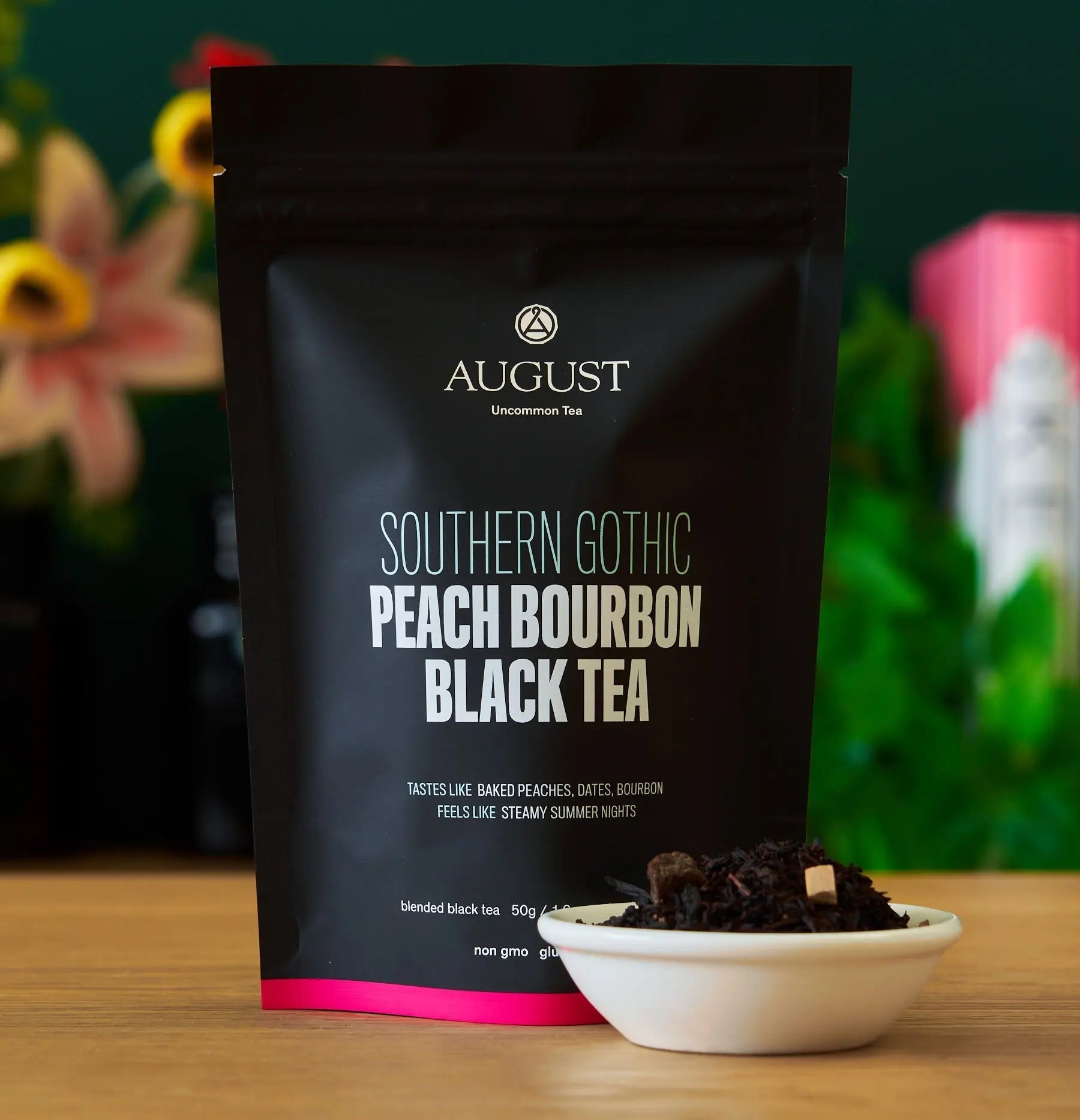 Southern Gothic Peach Bourbon Black Tea with caramel and peach flavors in a glass