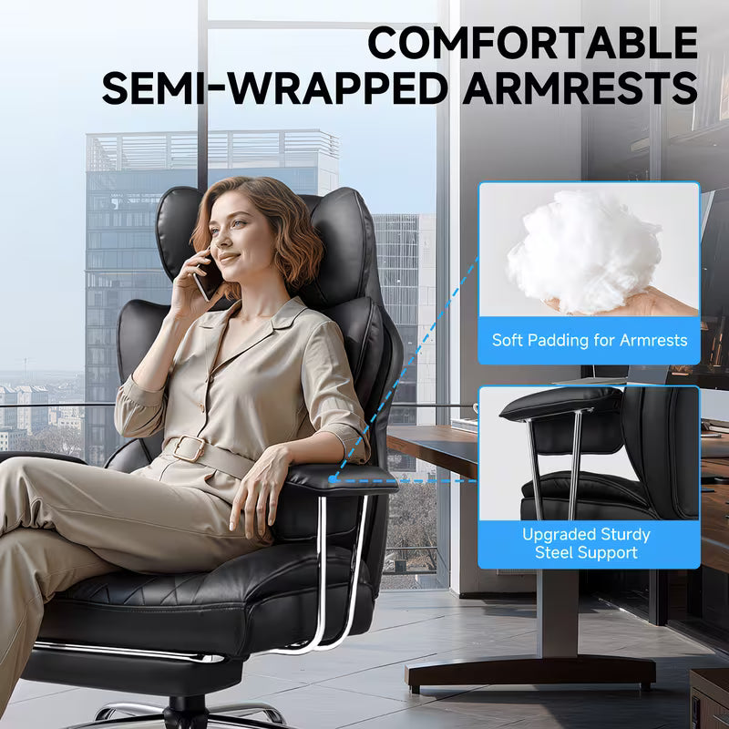 Executive Office Chair for Heavy People, Gaming Chair, Ergonomic Wide Desk Computer Chair with Pocket Spring Lumbar Support, Footrest, Outward Fixed Soft Armrests, High Back PU Leather, Height Adjustable, Big and Tall