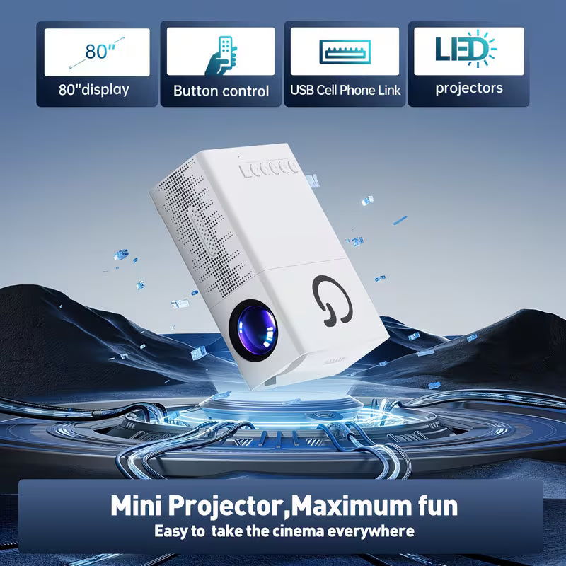 Portable Projector, USB Connection, Native 720p, Support 1080P, Equipped With Remote Control, Compatible With Smartphones, Tablets, Laptops And LCD Screens