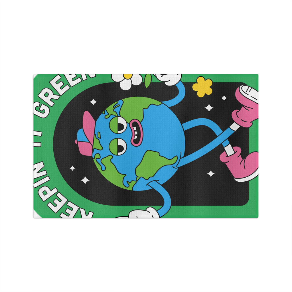 Keepin' It Green Earth Cartoon Tea Towel — Eco-Friendly Kitchen Decor