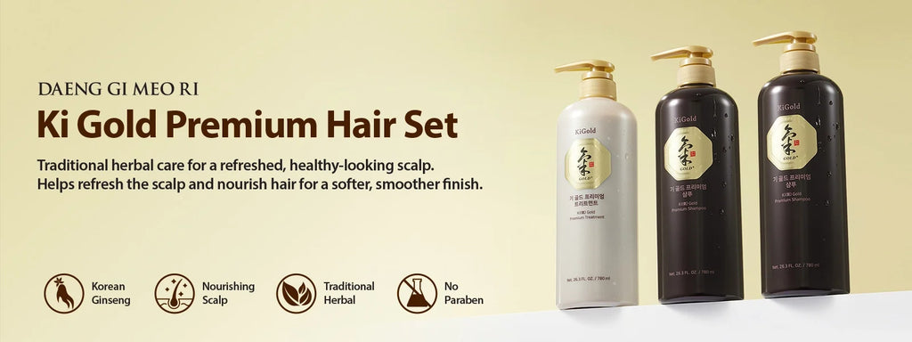 Daeng Gi Meo Ri Ki Gold Premium Shampoo and Treatment Set for professional Korean hair care