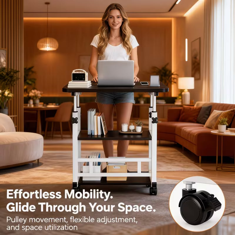 This Movable, Height-adjustable Bedside Computer Desk Is Adjustable From 23 to 35 Inches. It FeaturesIt adopts single-layer and three-layer optional storage design with Omnidirectional Casters, Making It Suitable for Home, Bedroom