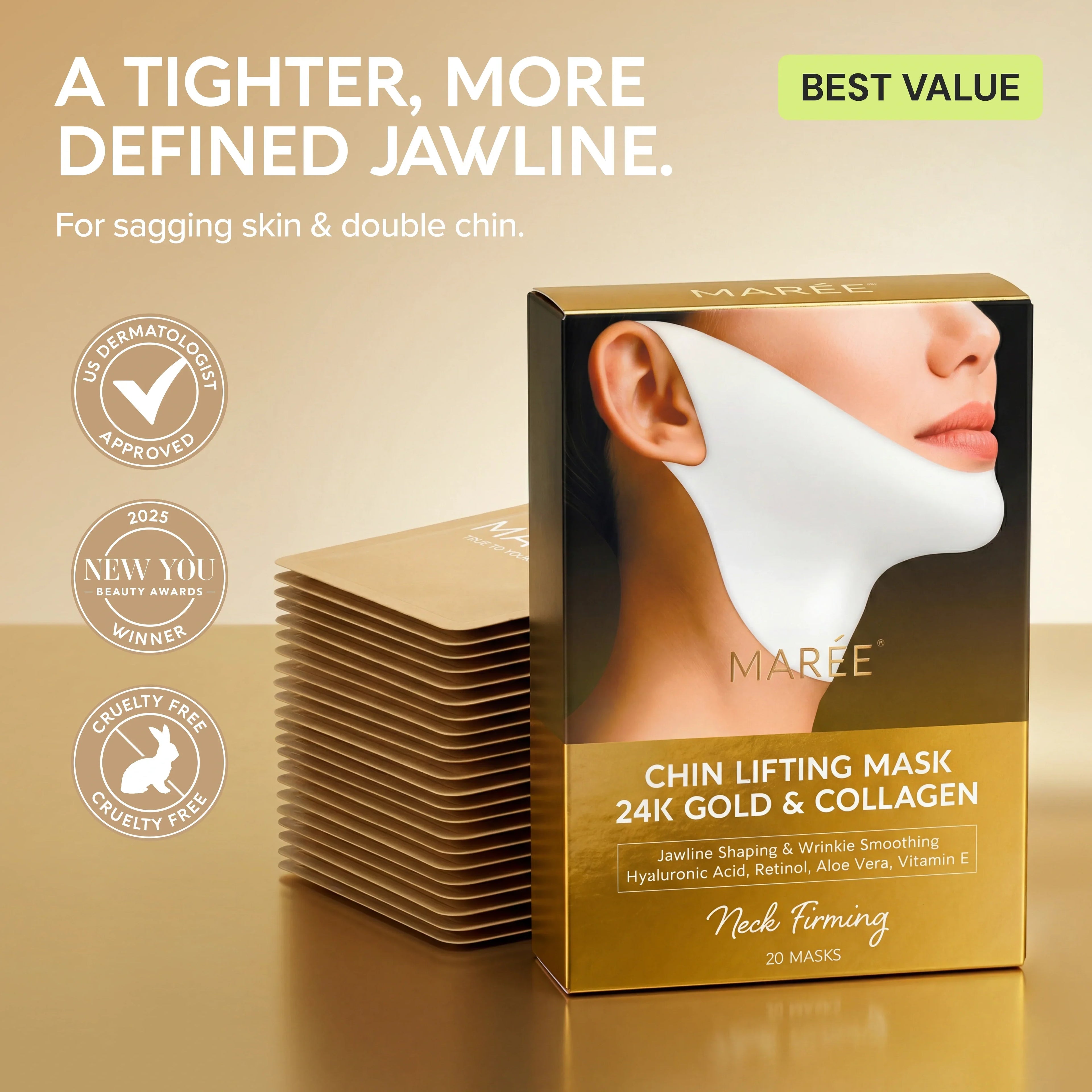 24K Gold V-Line Lifting Mask box with 20 collagen hydrogel face and neck lifting masks for jawline shaping