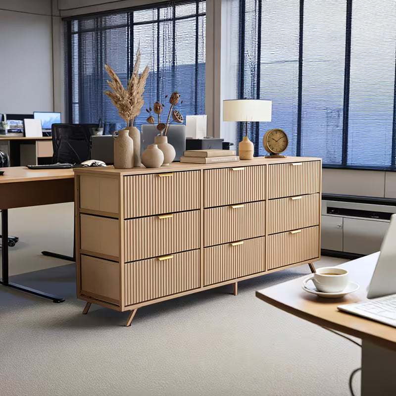 Modern Fluted Wood Office Chest with 9 Drawers Metal Handles Storage Dresser Filing Organizer for Home Office Wide Chest of Drawers