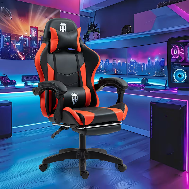Ergonomic Gaming Chair with Spring Cushion, Retractable Footrest, Adjustable Headrest & Lumbar Support, PU Leather, Height Adjustable Swivel Seat, for Office, Gaming & Video