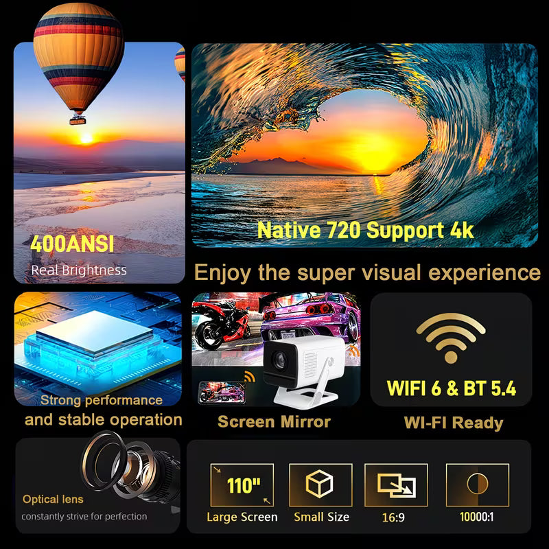 [Built-in Apps & 2026 Upgraded] Mini Portable Smart Projector with WiFi 6 And BT5.4, Android 14, 4K Support |Native 720P Home Theater Projector with Stand, 400ANSI, Auto Keystone Correction, White