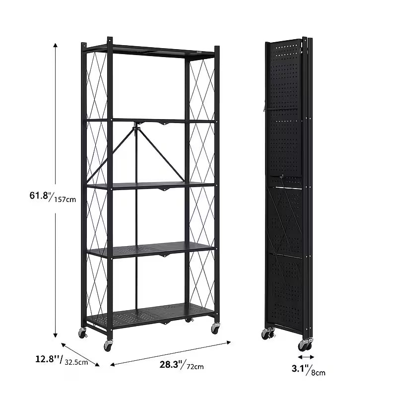Wheeled Folding Bookshelves with 3, 4, Or 5 Layers for Organizing And Storing at Home, Requiring No Tools for Assembly. Ideal for Saving Space in The Kitchen, Living Room, Bedroom, Storage Room, And Garage