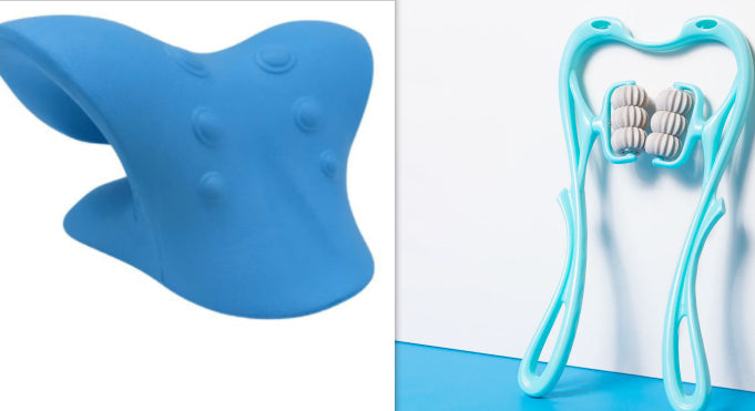 6-Roller Cervical Massager with six rotating wheels in blue and pink, ergonomic swan design for neck and body massage with natural crystal jade scraping board.
