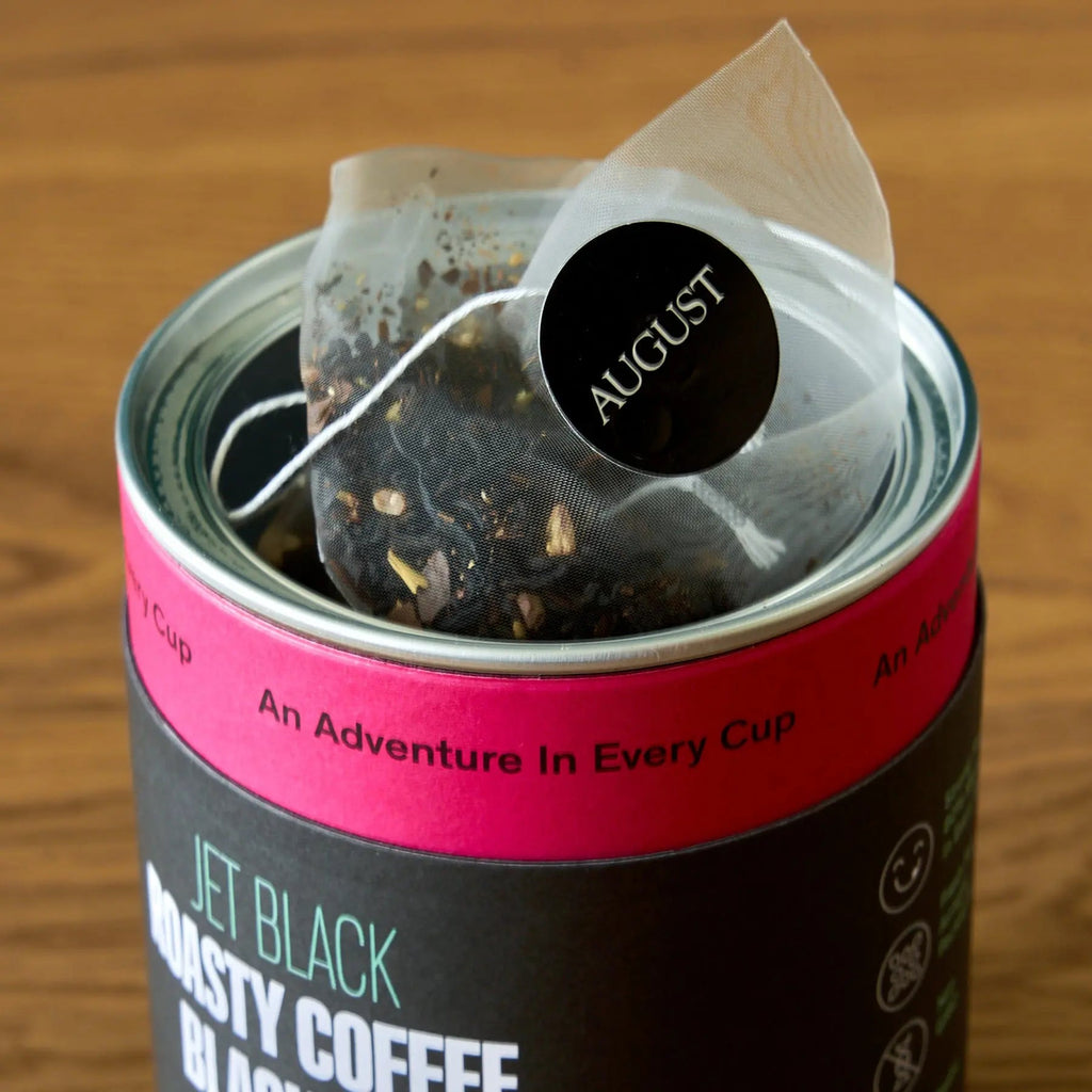 Box of Jet Black Roasty Coffee Black Tea with espresso, hazelnut, and steamed milk flavors, 15 tea bags