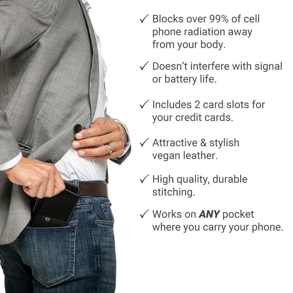 SYB Phone Shield lab tested EMF 5G blocker for iPhones and Android in vegan leather with card slots and elastic band