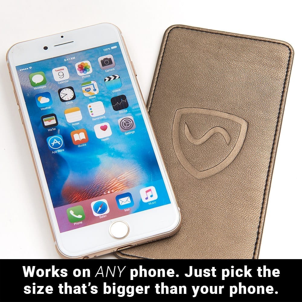 SYB Phone Shield lab tested EMF and 5G blocker for iPhones and Androids in vegan leather with card slots and elastic band