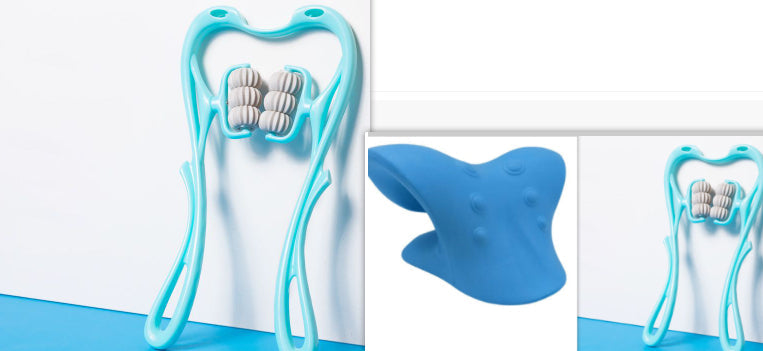 6-Roller Cervical Massager with six rotating massage wheels and ergonomic swan design in pink and blue colors.