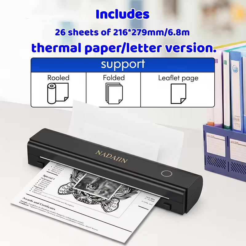 A4 Portable Inkless Thermal Printer with Paper Tray, Wireless Wireless Mobile Printer, Supports 8.5X11 Inch American Letter Paper/A4 Thermal Paper, Compatible with Mobile Phones And Laptops, Suitable for Home, Office, School And Travel